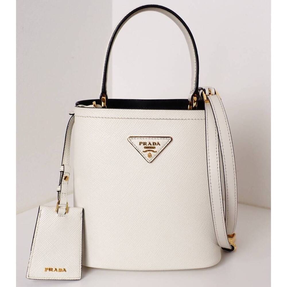 PRADA Panier Bag Saffiano Leather White de Bre Bucket Tote Handbag